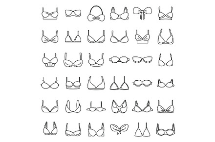 Modern bra icons set, outline style, an Object Illustration by Ylivdesign