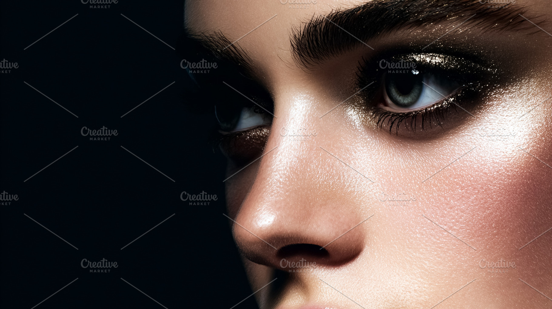 Woman's eye with dramatic glitter eyeshadow and highlighted skin, a Beauty & Fashion Photo by Studio ANNA