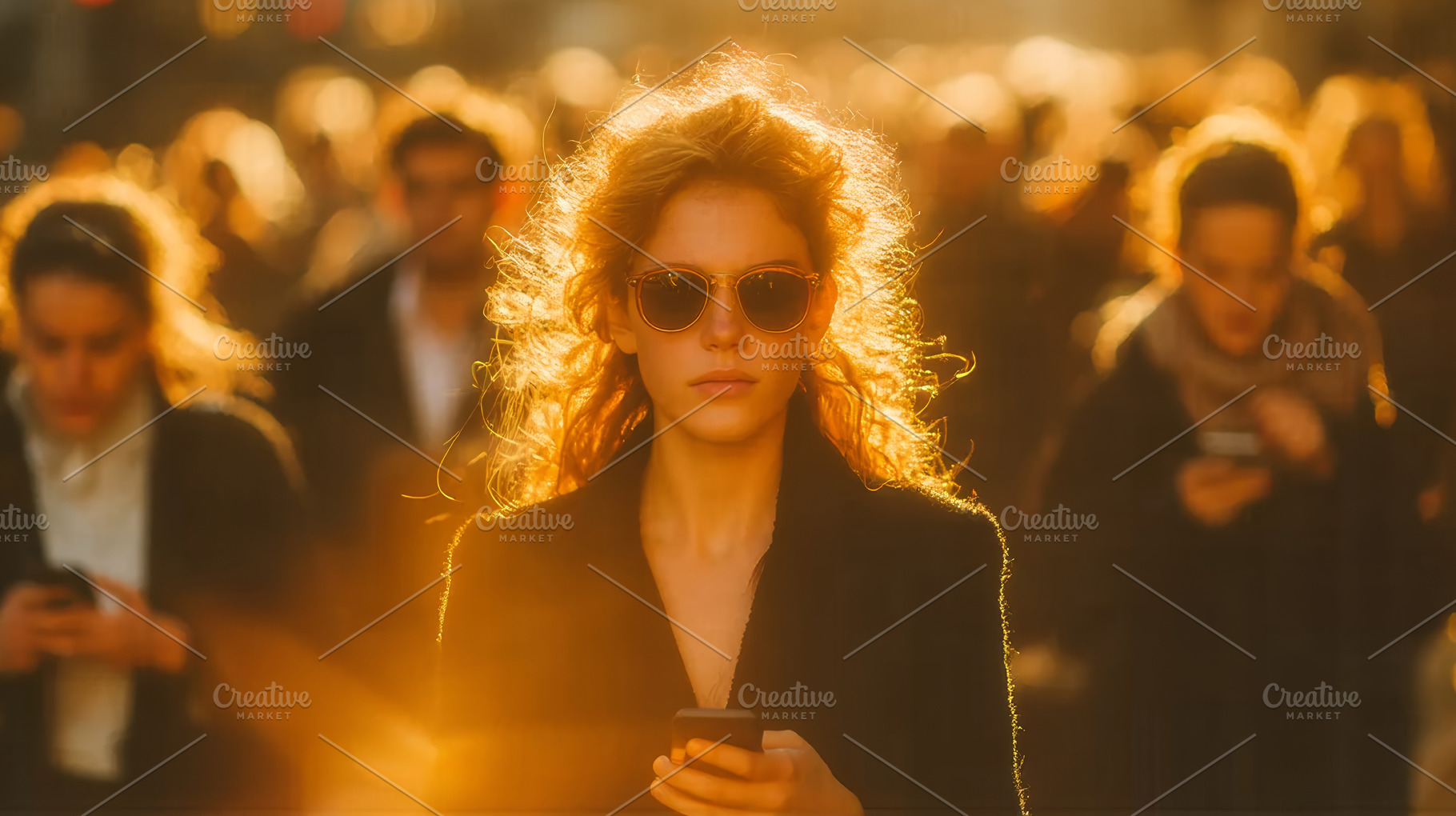 Young woman wearing sunglasses walking in a crowd with sunlight glow, a Person Photo by AS photostudio