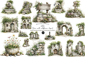 Stone wall wildflower clipart, an Illustration by DreamCafeArt