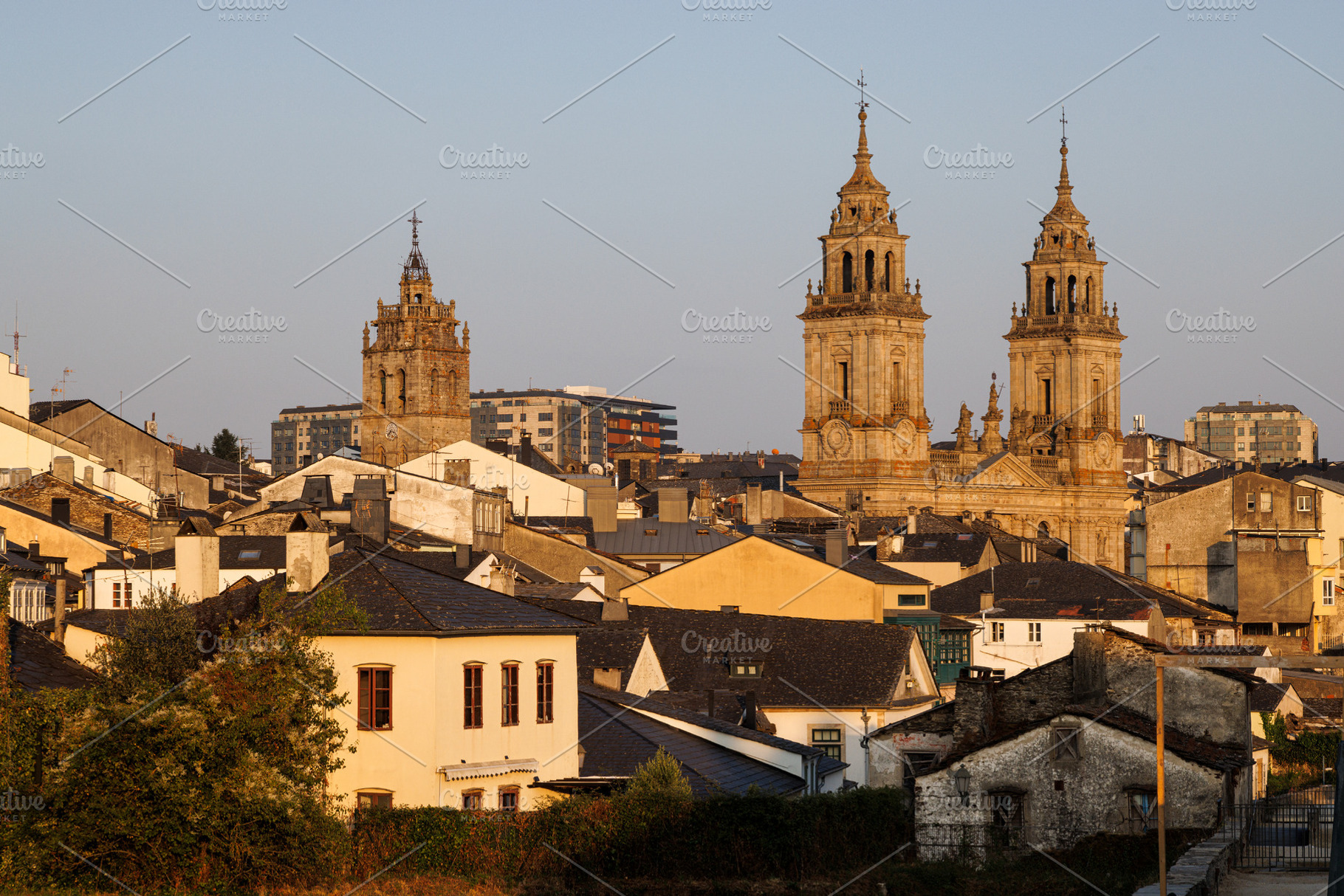 Historic City Rooftops and Cathedral Towers at Sunset, Lugo, Spa, an Architecture Photo by Bepslabor