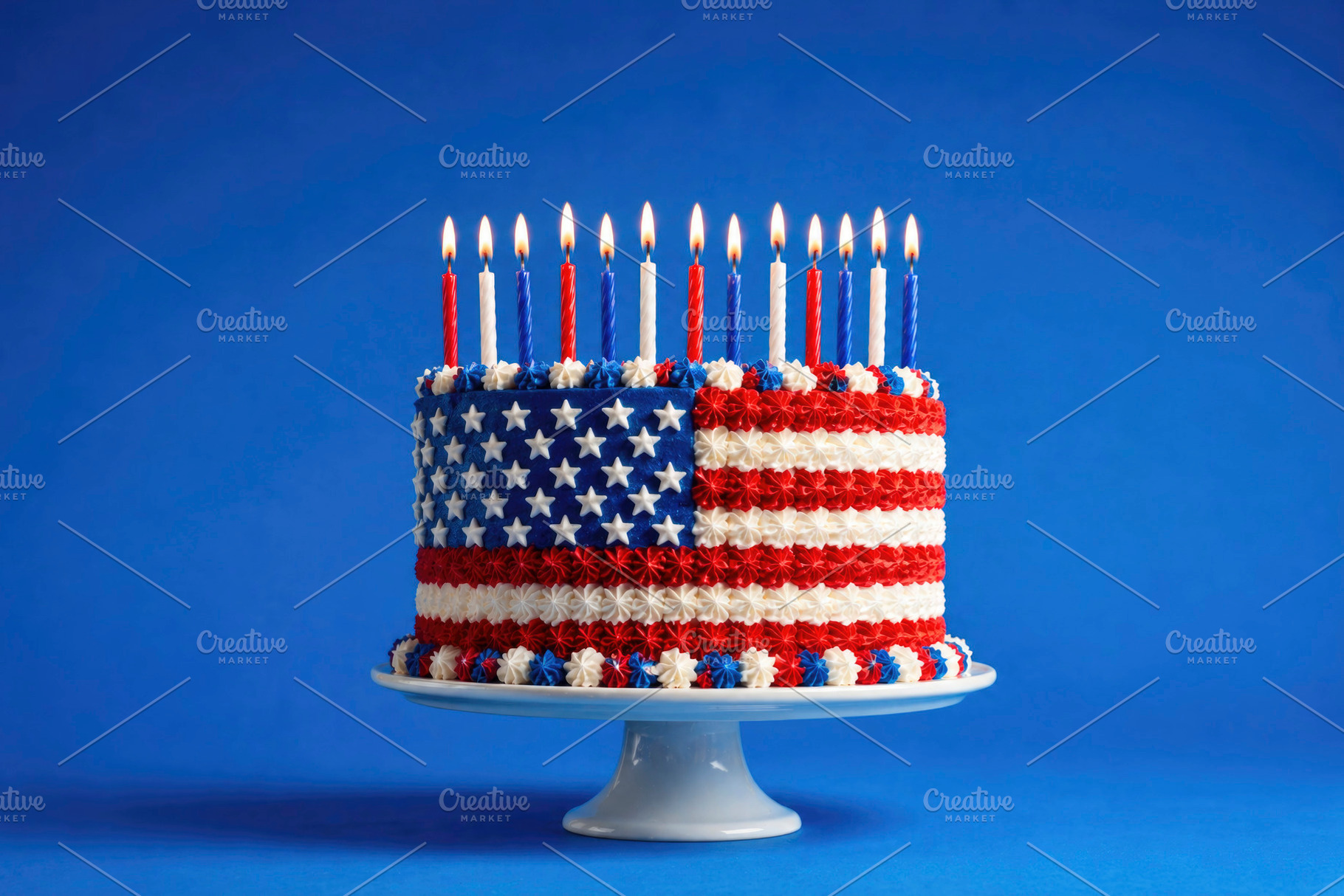 a US flag cake with lit candles, generative AI, a Photo by Nito