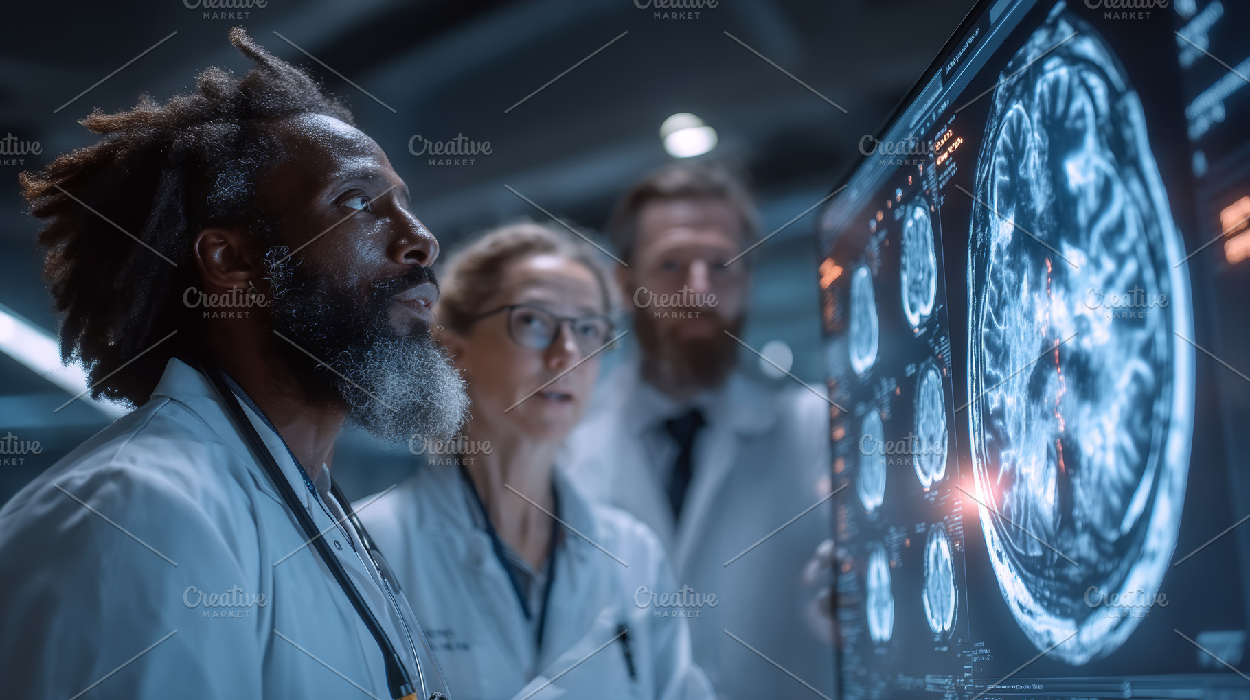 Diverse medical team analyzing brain images on a screen in a lab, a Health & Medical Photo by AS photostudio