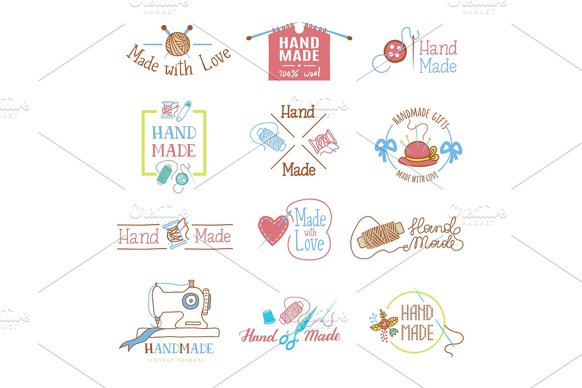 Handmade logo vector wool knitting needles or sewing handcraft hobby ...