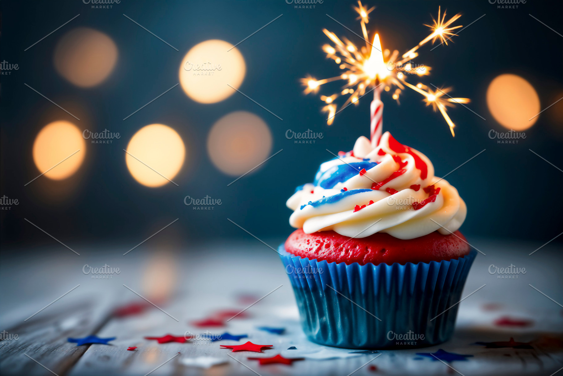 Patriotic cupcake with a lit sparkle, a Photo by rarrarorro