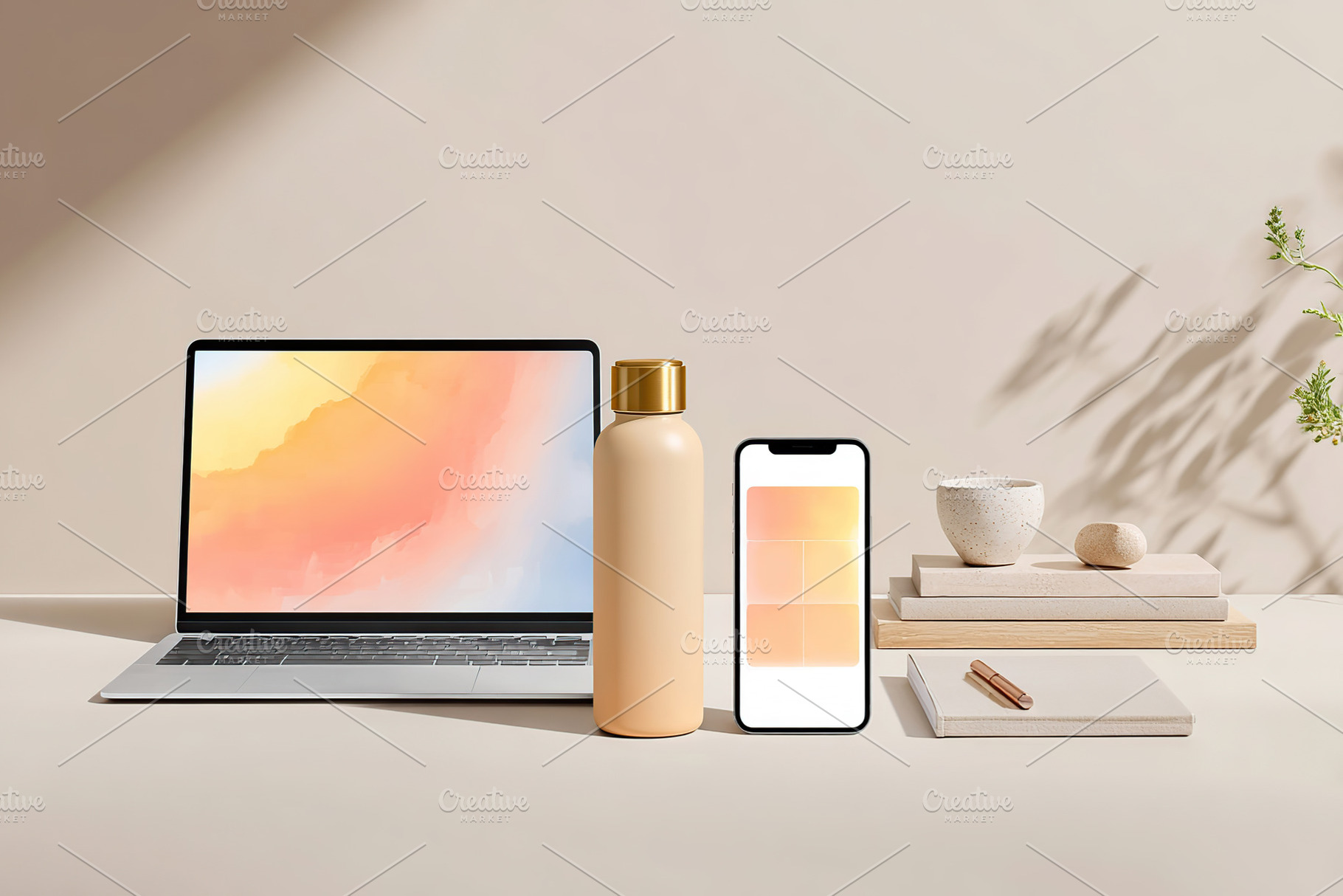 Creating a calming workspace with ambient lighting and hydration setup, a Technology Photo by AlyaAnd
