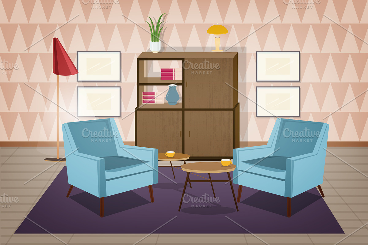 Retro interior, living room, a Decorative Illustration by Good Studio (Photo 3 of 12)