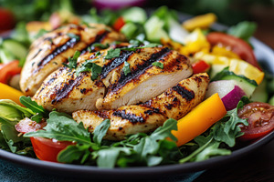Delicious grilled chicken served, a Photo by Pavel_design