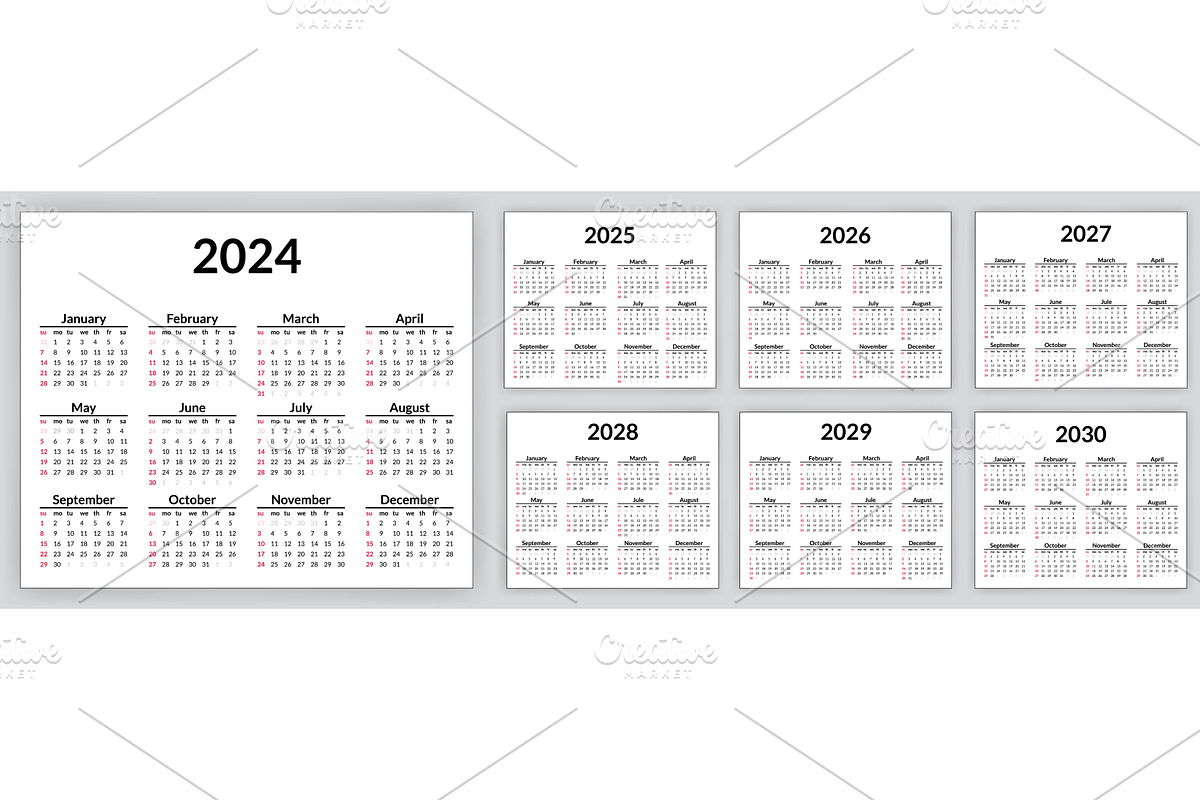 2024, 2025 to 2030 calendar set, a Finance Illustration by