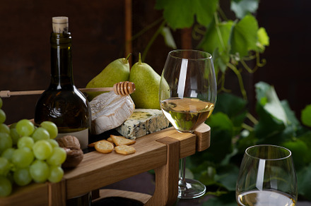 White wine in glasses, pear, cheese, a Food & Drink Photo by nafood