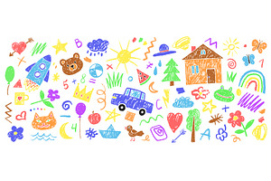 Crayon childish drawings. Kids hand, an Illustration by Stock-Smart-Start