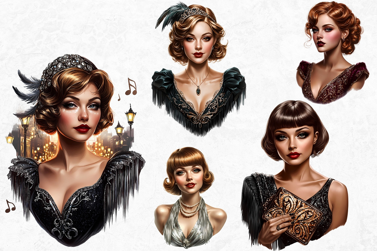 Vintage flappers clipart set, a Decorative Illustration by ThatsDesignArt (Photo 8 of 10)