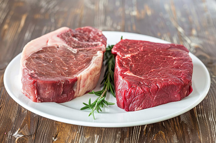 Two raw steaks seasoned with rosemar, a Photo by Iftikhar Alam
