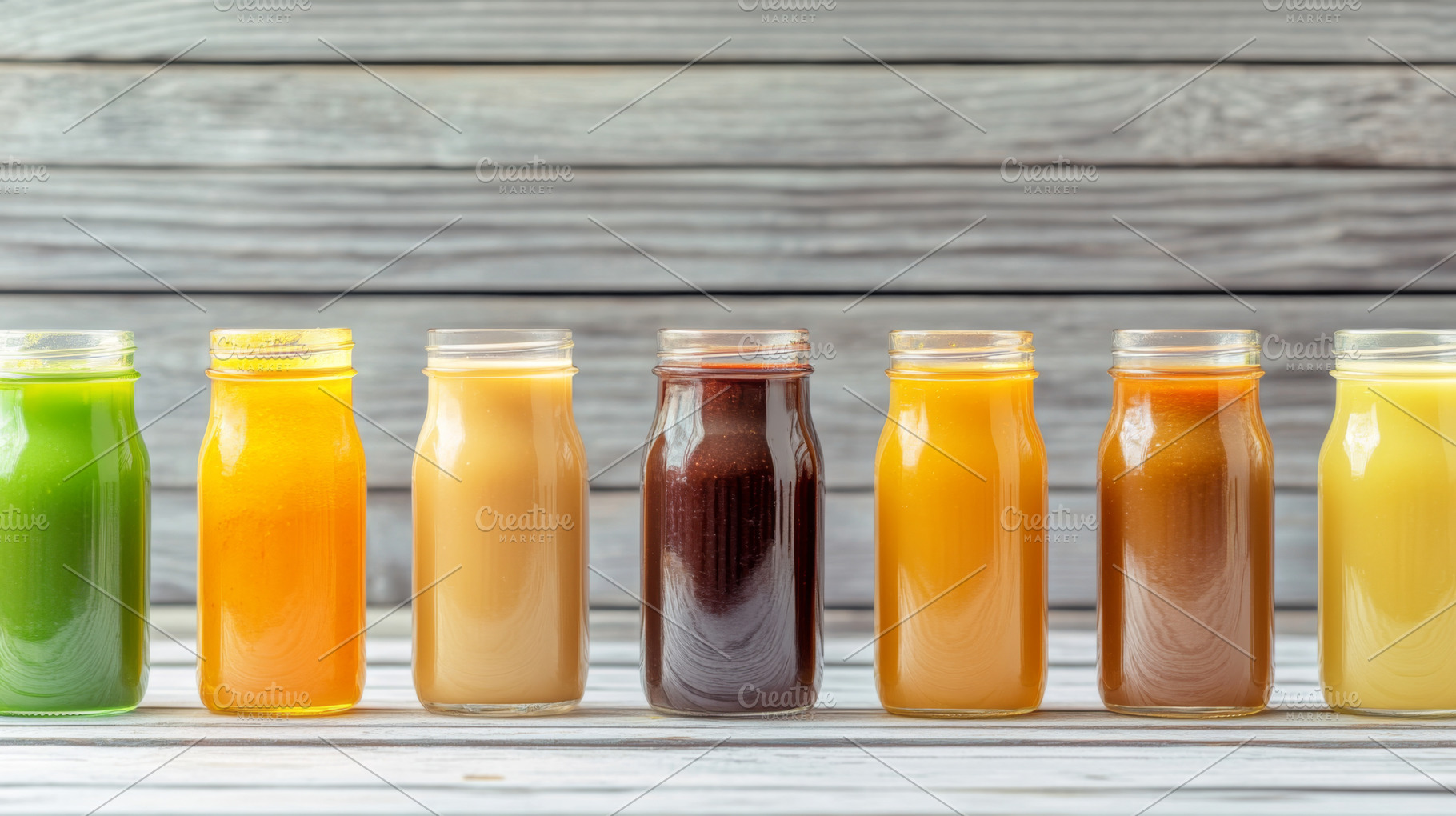 Variety of colorful smoothies in gla, a Photo by Dvoevnore photos