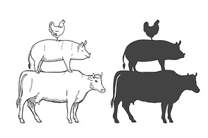 Chicken Pork Cow Farm Animals Vector