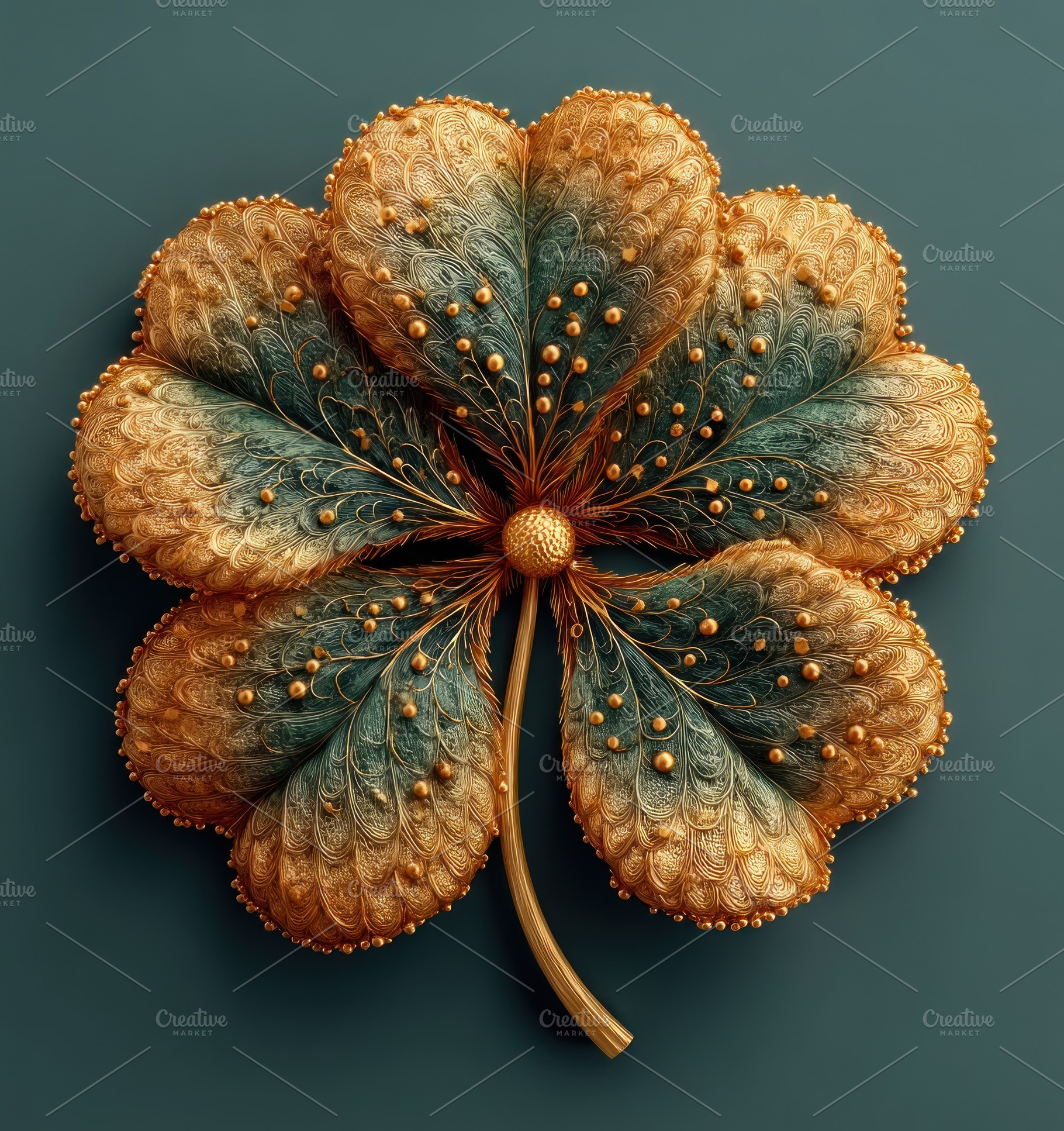 Ornate golden and teal eight leaf clover with intricate textures, a Nature Photo by José Manuel Gelpi