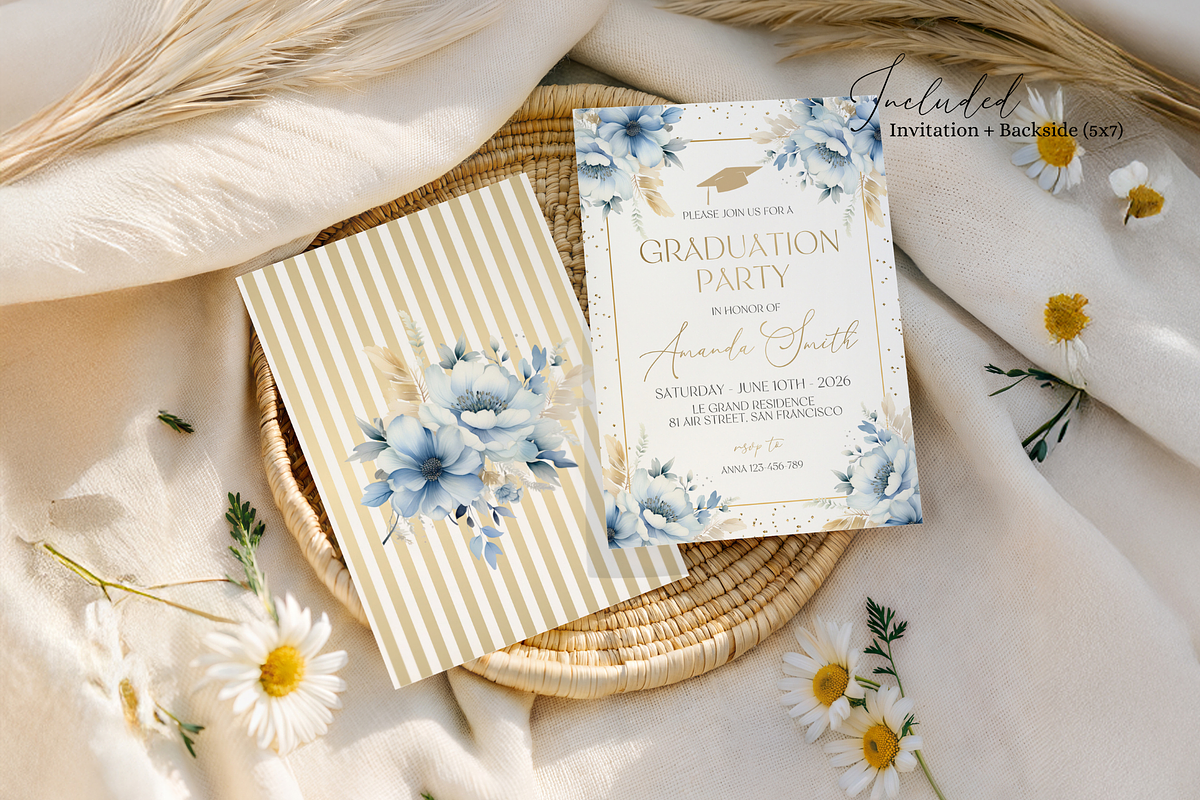 Elegant Whimsical Blue Floral Grad, an Invitation Template by MockupWizard (Photo 2 of 3)