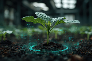Young Plant Growing with Futuristic, a Photo by Pixeness Studio