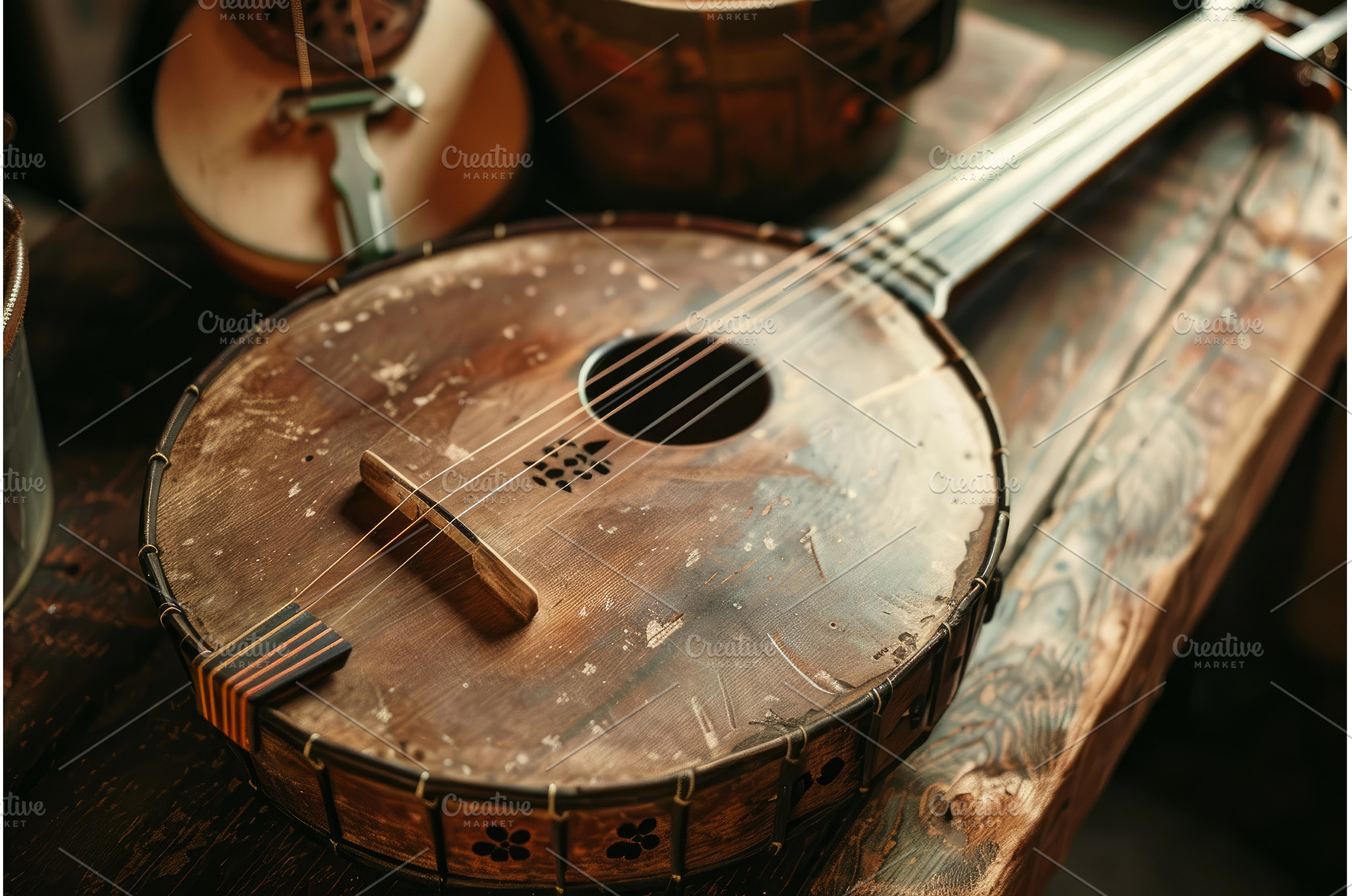 Old banjo resting on rustic wooden, a Background Photo by Ylivdesign