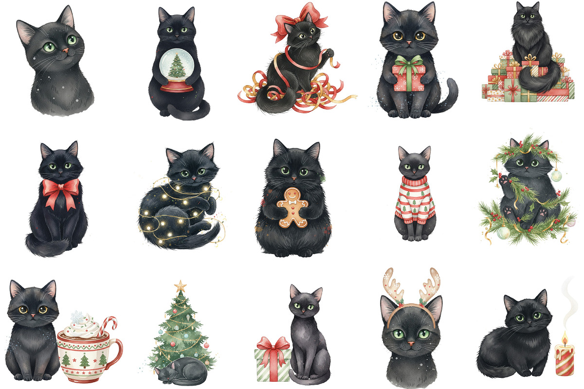 Whimsical Christmas Black Cats, an Illustration by Designking (Photo 2 of 5)