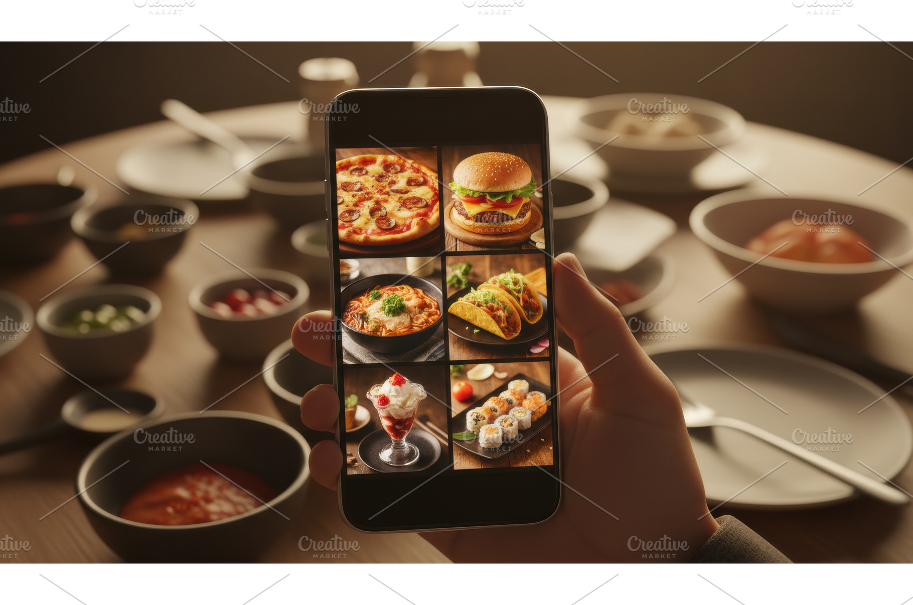 Hand holding smartphone displaying, a Food & Drink Photo by Igor Tichonow