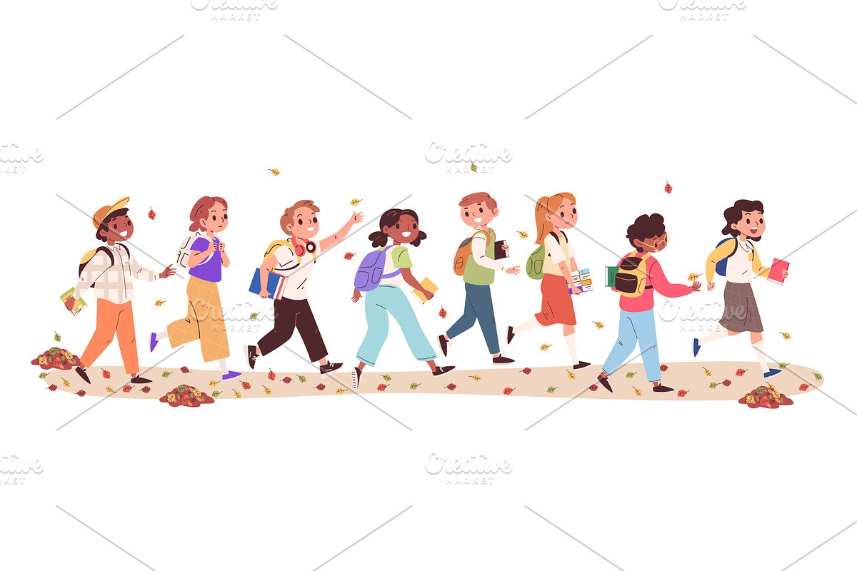 Students go school. Row student back, a Person Illustration by Stock-Smart-Start