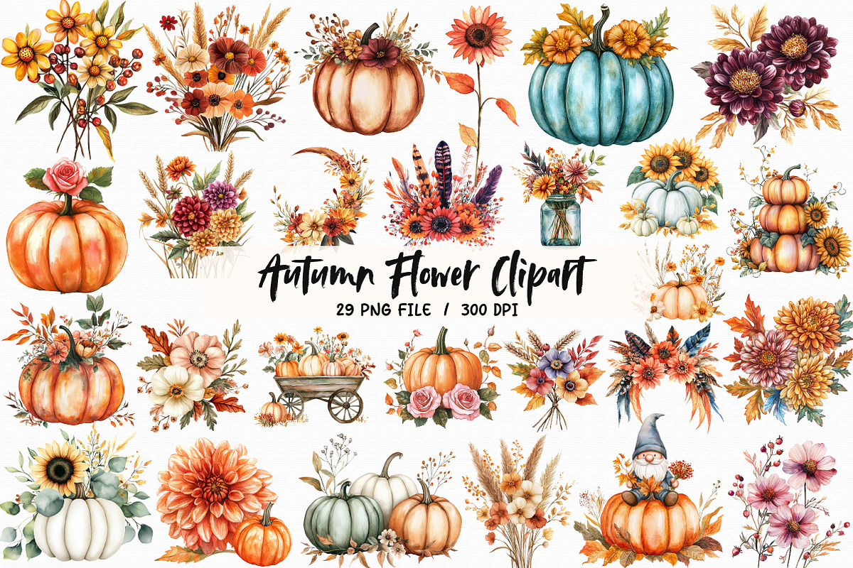 Autumn Flower Clipart, Fall Pumpkin, an Illustration by Libby Wishes (Photo 1 of 6)