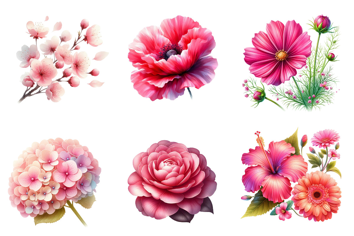 Watercolor Pink Flowers Clipart, an Illustration by Dream Creation (Photo 2 of 6)