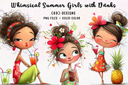 Whimsical Summer Girls with Drinks, an Illustration by CreationArt (Thumbnail 1 of 7)