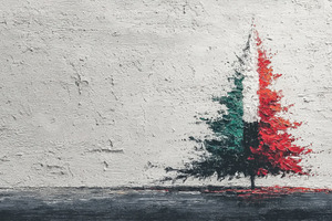 Oil painting of a pine tree with red white green and black textu, an Abstract Photo by José Manuel Gelpi
