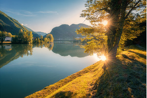 Beautiful view of a calm lake with, a Nature Photo by den-belitsky
