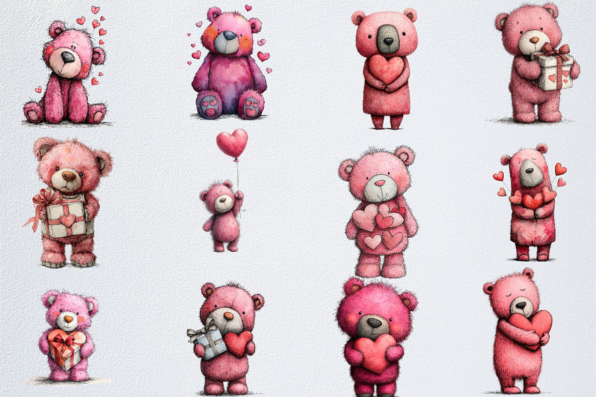 Pink Teddy Bear Clipart, an Illustration by Watercolor design (Photo 2 of 6)
