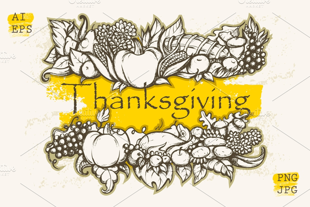 Thanksgiving Day. Hand Drawn design., an Illustration by MariShop (Photo 1 of 3)