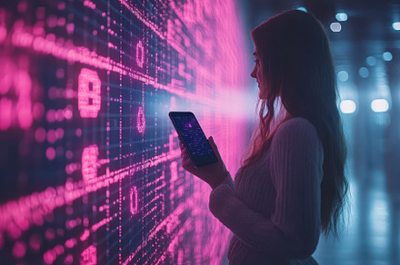 Woman using smartphone futuristic pi, a Background Photo by Pixeness
