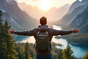 Hiker stands with arms wide open, a Person Photo by Volff
