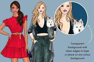 Girls With Dogs Fashion Clipart Set