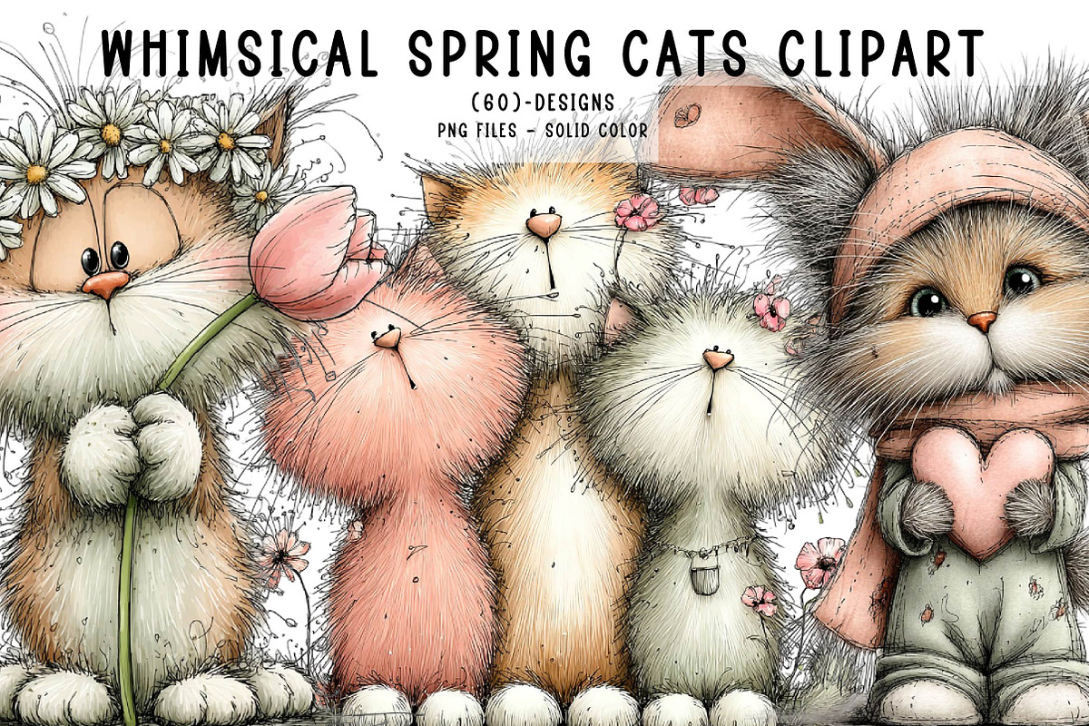 Whimsical Spring Cats Clipart, an Illustration by CreationArt (Photo 1 of 7)