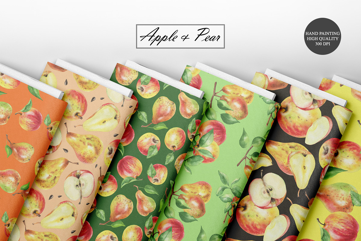 Watercolor Apple & Pear Patterns, a Food Illustration by OlDm_Shop (Photo 3 of 10)