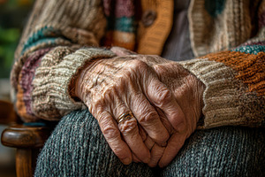 Elderly hands clasped, resting gentl, a Background Photo by Pixeness Studio