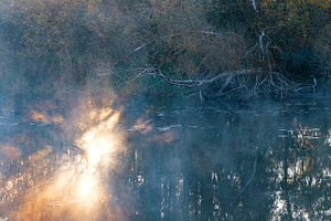 Autumn park by the river with fog., a Photo by Pictures for you!!!!!!!!!