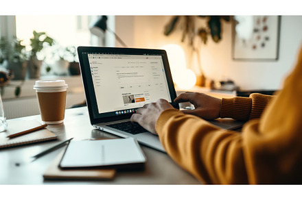 Person typing on a laptop in a cozy, a Technology Photo by Sergey Kotenev