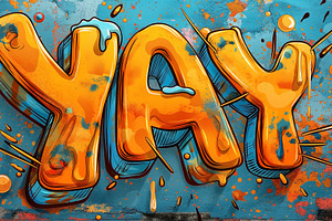 Vibrant mural painting of the word 'YAY' in bold orange and blue hues on a text, a Background Photo by ImageMir