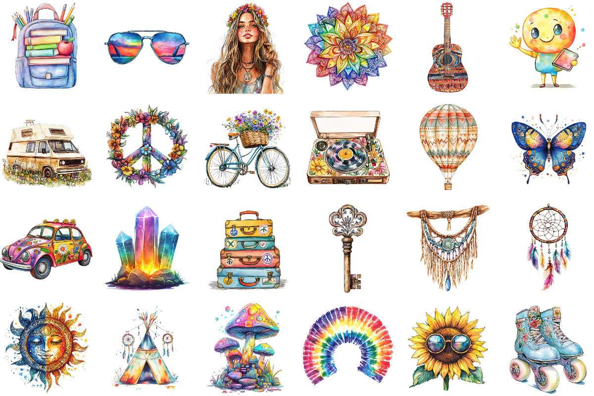 Watercolor Hippie Bundle Clipart, an Illustration by Sublimation Artist (Photo 2 of 6)