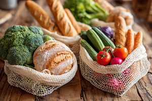 Fresh vegetables and bread in eco-friendly bags, a Food & Drink Photo by AlyaAnd