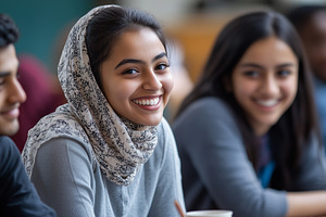 Female muslim student among friends, a Person Photo by MistyDay
