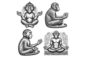 Meditating Monkeys engraving set, an Animal Illustration by AlexArt