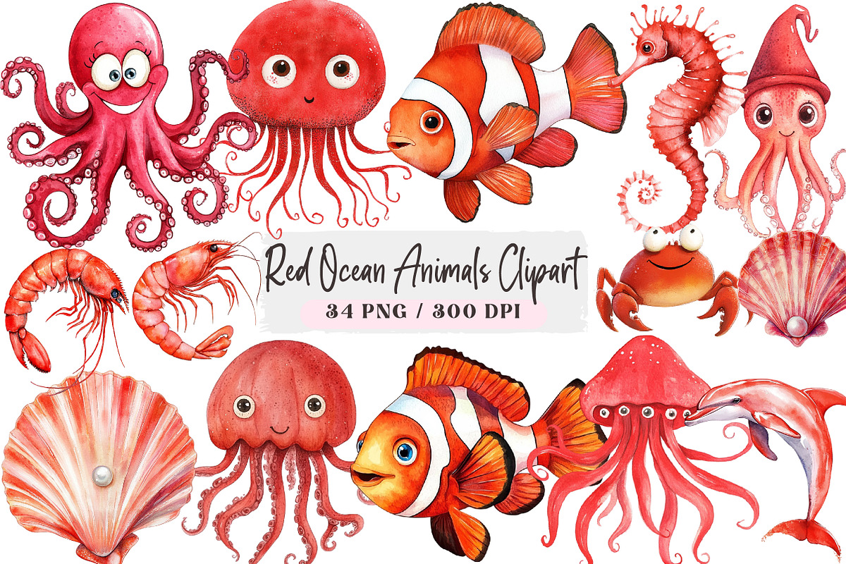 Red Ocean Animals Clipart, an Illustration by DreamArtGraphic (Photo 4 of 4)