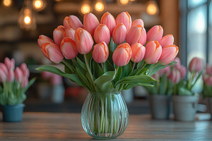 Vibrant bouquet of pink tulips on a, a Photo by Tanuart