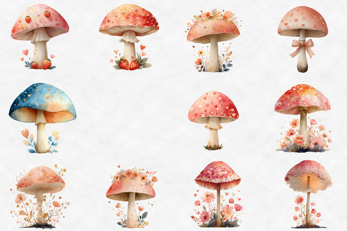 Watercolor Spring Mushrooms Clipart, an Illustration by Designworld (Photo 4 of 6)