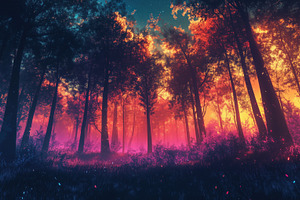 A vibrant forest scene at dusk, featuring tall trees with colorful autumn folia, a Photo by Textures & Backgrounds